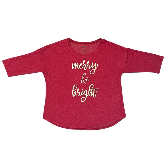 State of Mine Womens 2XL Christmas Holiday Merry & Bright Shirt Top Red Pink - Picture 1 of 5